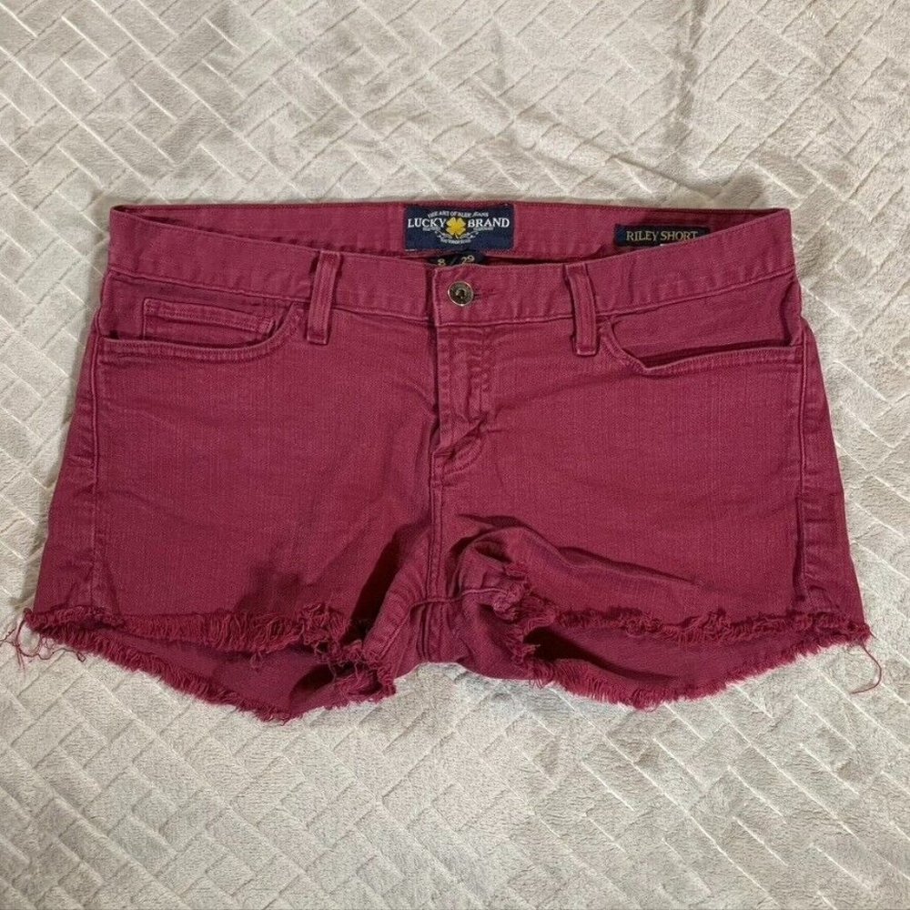 Lucky Brand Womens 8 Denim Jean Riley Short Low Rise Maroon Red Cut Off Fray